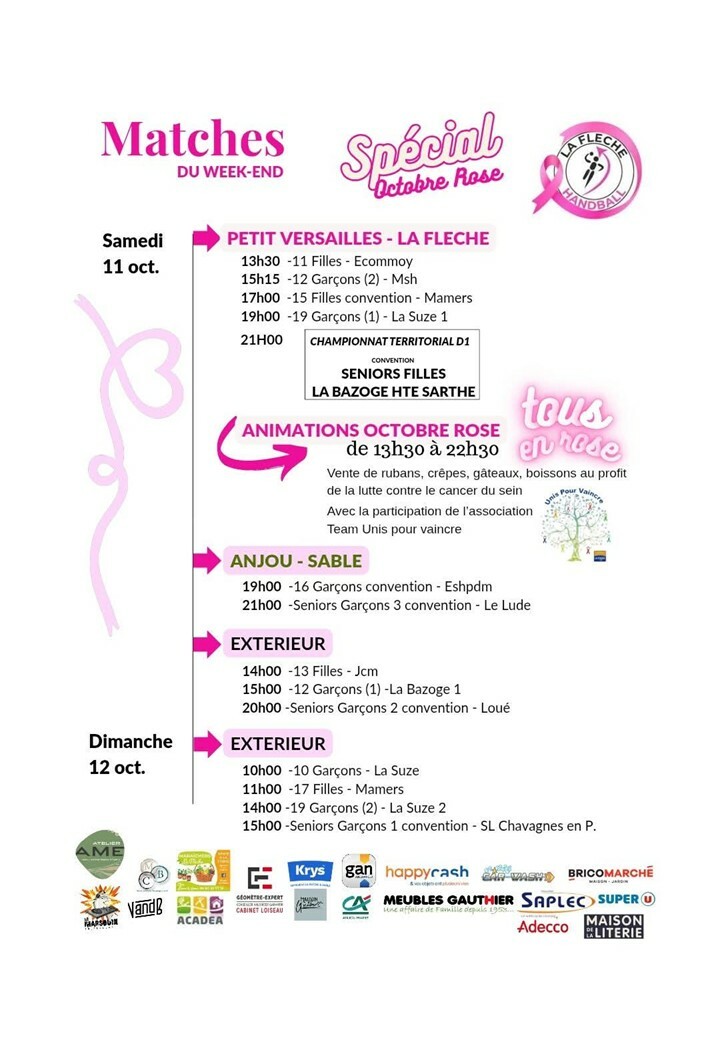 OCTOBRE ROSE Matchs du weekend 11 & 12 octobre 2025 